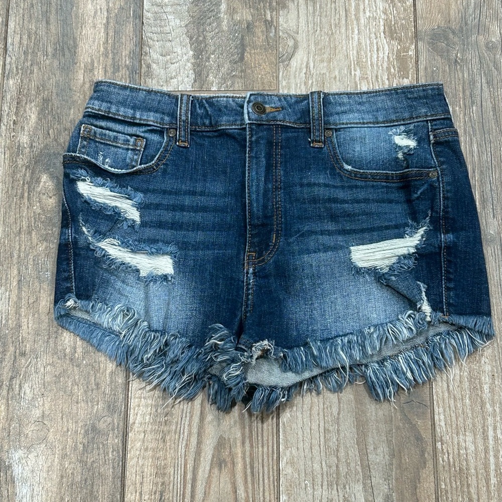 Cunina LuLu High Rise Cut Off Shortie Denim Distressed Frayed Jean Shorts  Sz M
